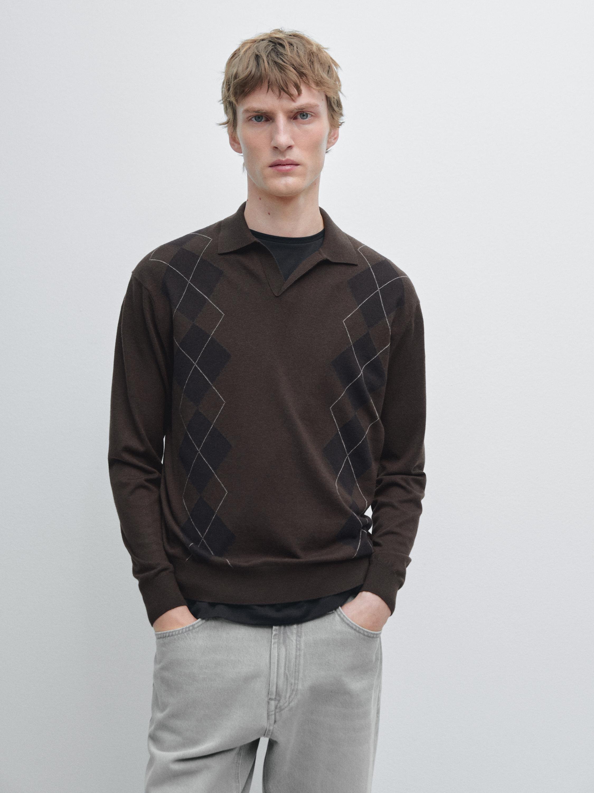Wool blend argyle knit polo sweater